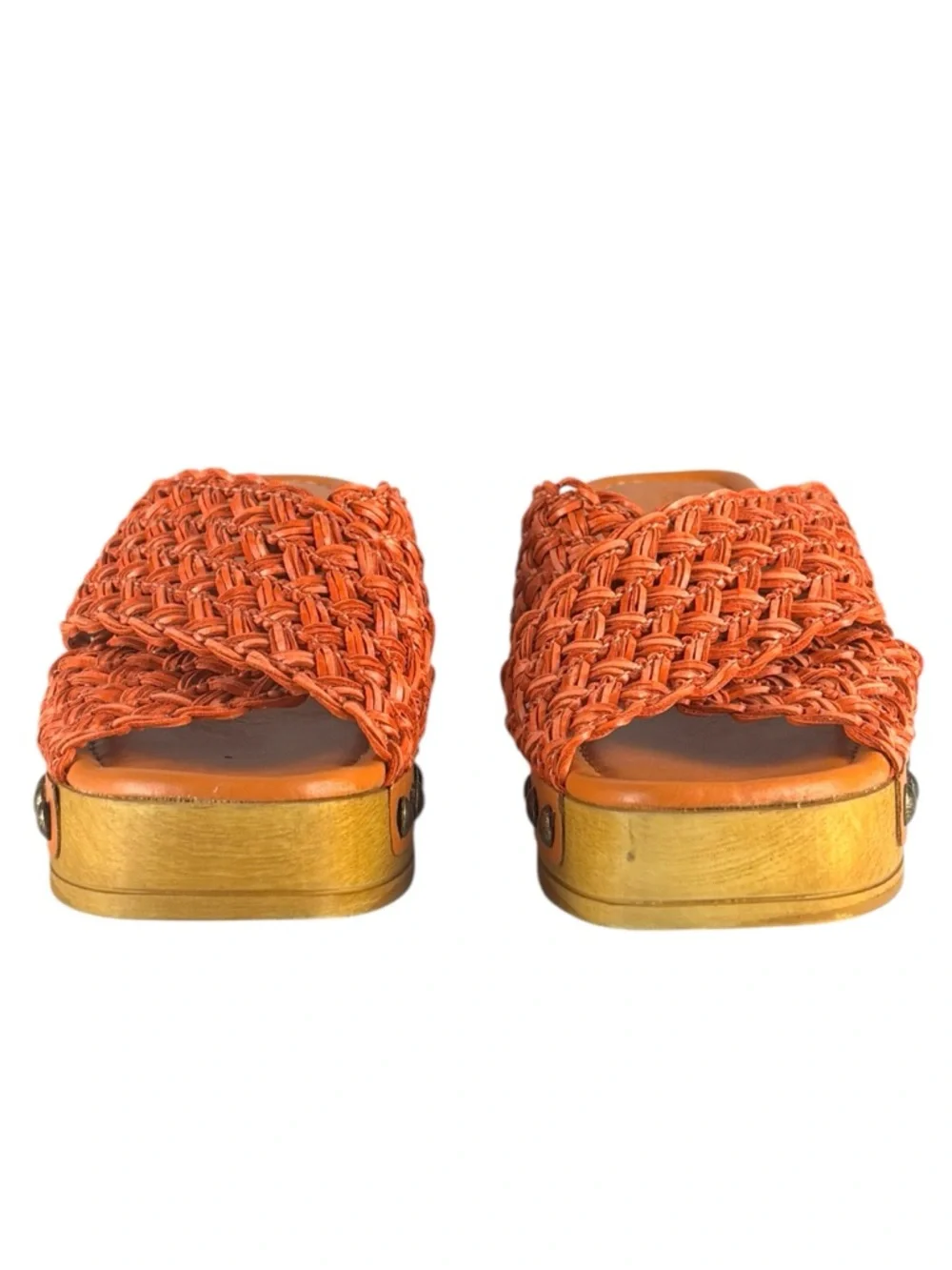 CHOCOLAT BLU DAWN ORANGE RAFFIA WOVEN STUDDED WOOD PLATFORM SLIDE SANDAL